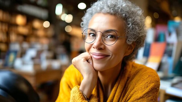 Literature teacher summarizing classic novel on camera, library background, intellectual warmth, storytelling and education, literature appreciation, thoughtful content, cultural c