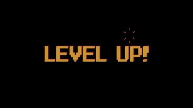 Level Up text animation on 8 bit retro game black background. 4k video. Suitable for your video game content, Vintage Arcade Games or Vintage Arcade Games.