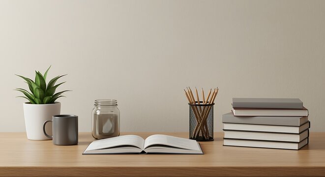 Cozy workspace with plant books and pencils for study and work