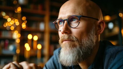 Philosopher discussing ideas in cozy library, thoughtful expression, candlelight and depth, human connection, knowledge and curiosity, intellectual storytelling, wisdom and philoso