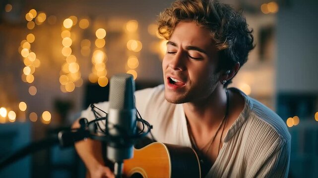 Musician recording cover song at home studio, microphone and acoustic guitar, warm lights, emotion and passion, sound production, music creativity, artistic performance, modern ind
