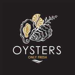 label of fresh oyster shell and lemon isolated on black background