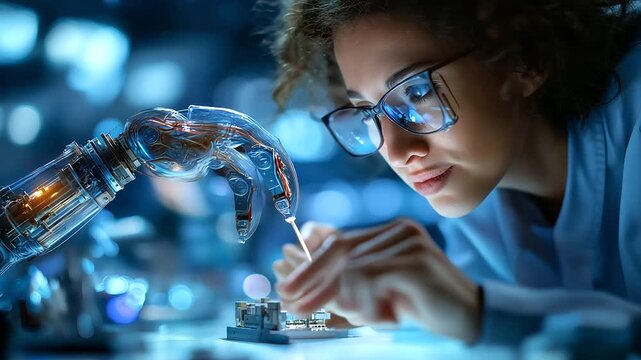 Robotics engineer testing prototype robot arm in lab, futuristic setup, precision and focus, technology innovation, artificial intelligence research, mechanical design, engineering