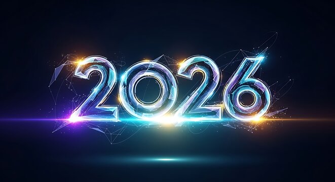 Futuristic 2026 text with glowing neon lights and sparks. - Powered by Adobe