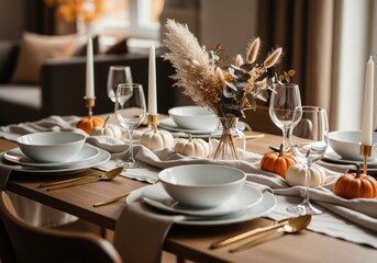 Elegant thanksgiving table setting with white pumpkins, candles, and floral arrangement