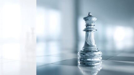 Glass Chess Queen on a Game Board Representing Strategy and Leadership in Business Success with a Clean Aesthetic and Subtle Gradient Background Emphasizing Clarity and Focus