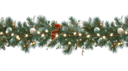 seamless decorative christmas border with coniferous branches and garlands on transparent background christmas lights and ornaments festival plant tree