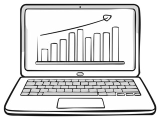 Laptop Showing Growth Bar Chart with Upward Arrow for Business Success and Financial Gain Illustrated with Hand Drawn Lines