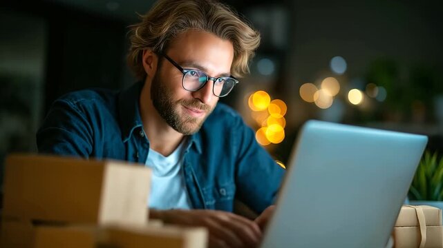 Young man unboxing new gadget on modern desk with soft daylight, focused expression, product details visible, excitement and curiosity, technology lifestyle, influencer review, mod