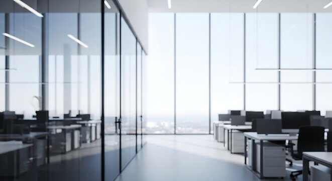 Modern office interior with glass walls and rows of desks, bathed in natural light from large windows - Powered by Adobe