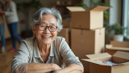 Happy senior Asian woman smiles while unpacking boxes during relocation. Elderly female enjoys new home living smiling at camera. Moving house transition is fun.