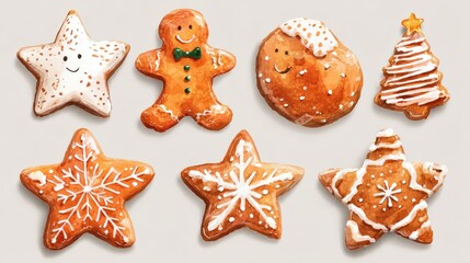 happy watercolor christmas gingerbread star cookie collection cute character illustration set for holiday season