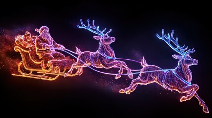 magical neon santa claus and reindeer sleigh soaring through the night sky with christmas gifts and holiday cheer for festive seasonal designs