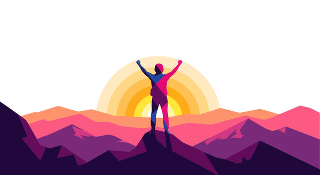 Triumphant Ascent Depicting Success and Overcoming Obstacles Against The Sunset