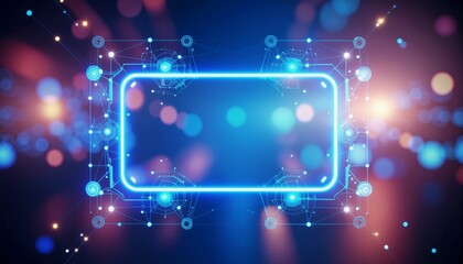 Obraz premium A Futuristic Glowing Digital Frame in a Cybernetic World. An inviting and vibrant scene, perfect for showcasing content within a digital frame set against a backdrop of shimmering lights