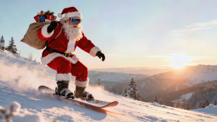 Santa Claus enjoys snowboarding at sunset in the mountains with gifts in his bag during winter festivities