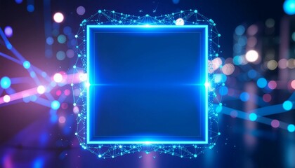 Futuristic digital concept with a neon square frame in the center, surrounded by interconnected lines and glowing lights, representing technology and innovation