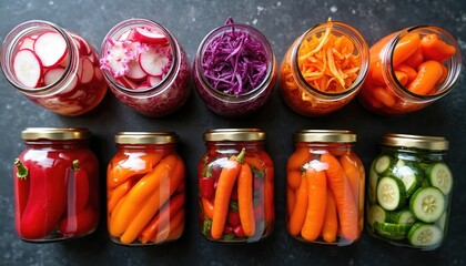 Assortment of jars filled with colorful pickled vegetables like carrots radishes and peppers. These preserved foods are ready for cooking or eating as snacks offering healthy meal options.