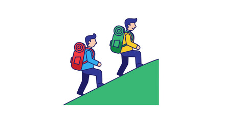 Two Figures on a Green Hillside Hiking Towards a Hidden Destination Reaching Success