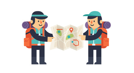 Two Figures on a Black Background Study a Colorful Illustrated Map Vector
