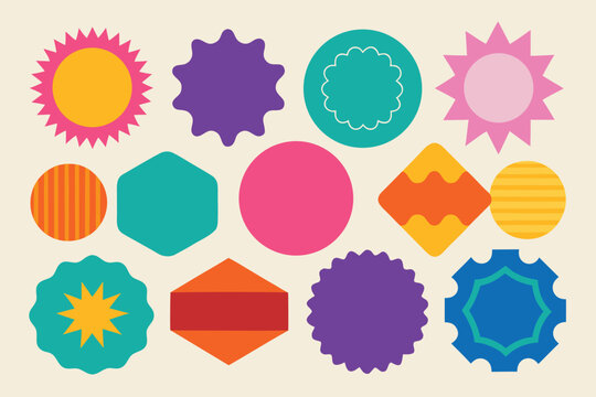 Colorful set of abstract badge and label shapes in flat vector style.
