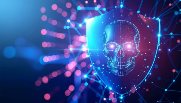 A digital skull illuminated within a security shield, surrounded by glowing data points, illustrating cyber threats.