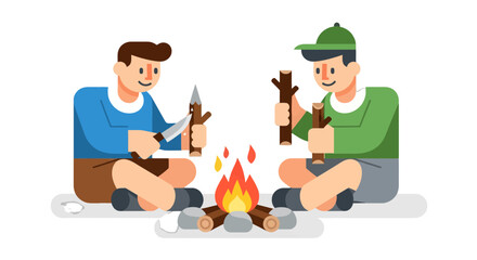 Two Friends Carving Sticks And Enjoying A Warm Campfire With Friendly Ambiance