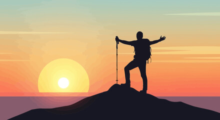 Triumphant Hiker On Summit Reaches Arms Toward Vibrant Sunset On Majestic Vista