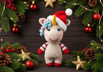 Cute crocheted unicorn wearing a santa hat, surrounded by festive christmas decorations and lights