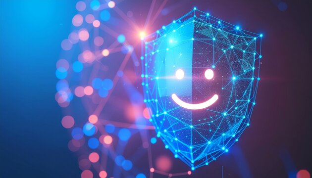 Abstract depiction of a digital shield with a smiling face, symbolizing data protection and security - Powered by Adobe