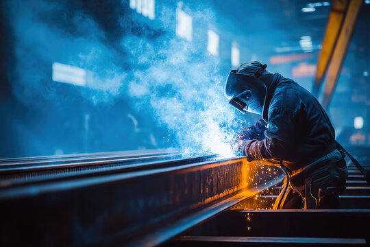 Welding steel beams in an industrial workshop with sparks flying under a smokey atmosphere during a focused work session - Powered by Adobe
