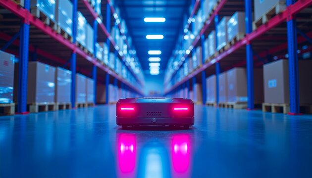 Autonomous vehicle navigating a large warehouse. Shelves are stacked with boxes