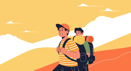 Two Friends Enjoying Hiking Adventure in the Mountains, Discovering Nature Together