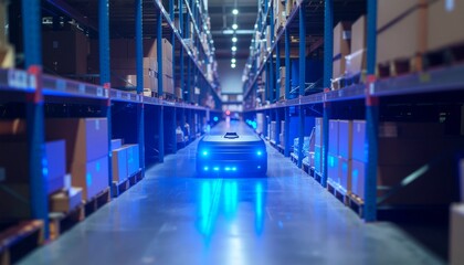 Fototapeta premium An autonomous robot navigating a warehouse. It is surrounded by racks of neatly stored boxes