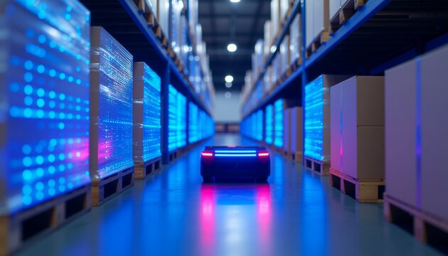 Modern warehouse interior with autonomous guided vehicle