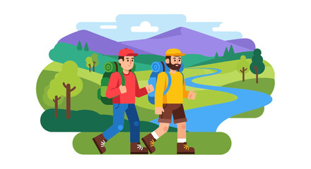 Two Friends Exploring and Trekking In Nature's Delightful Wilderness Expanse