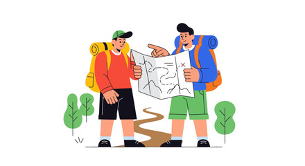 Two Friends Explore Adventure with Map, Planning Travel Trip in Nature Adventure