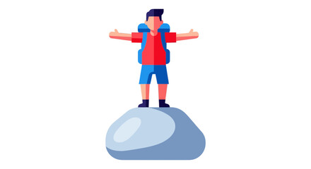 Triumphant Hiker Standing Atop Rock with Arms Raised Celebrating the Peak