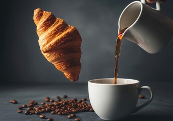 A freshly baked croissant floats in the air as coffee is poured into a white cup, surrounded by coffee beans