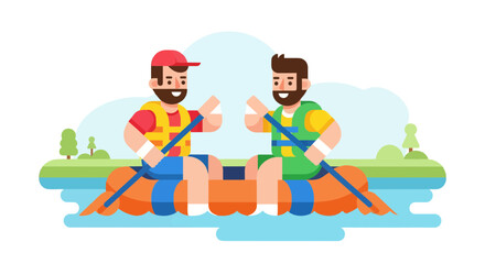 Two Friends Enjoying Whitewater Rafting Adventure During The Sunny Day Together