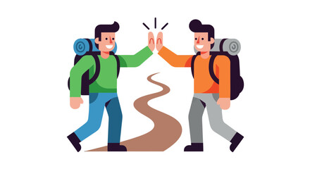 Two Friends High Fiving During an Adventure Hike, Success and Cheerful Moment