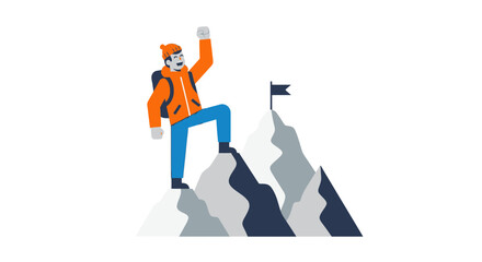 Triumphant Hiker Reaches the Peak Achieving Goal Celebrating on the Mountain Summit