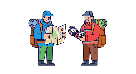 Two Friends Exploring New Terrain Use Map And Compass For Adventure Together