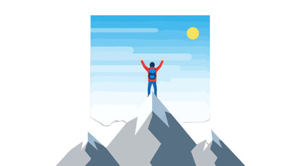 Triumphant Hiker Reaches Rocky Peak, Celebrates Success, Bright Sunny Day and Blue Sky