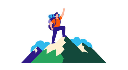 Triumphant Hiker Reaching Summit Amidst Scenic Peaks Symbolic Of Achievement