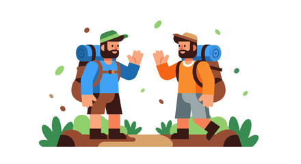 Two Friends Hiking Give High Five, Vector Illustration Depicting Adventure and Friendship