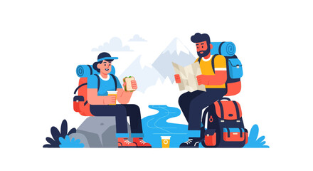 Two Friends Enjoying Hiking Adventure, Mountain Scenery And Trail Map In Nature