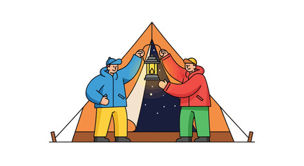 Two Friends Lighting Up the Night for Camping Adventure in a Tent Together