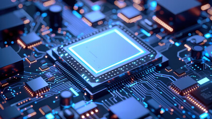 Obraz premium Modern Technology: Close-up View of a Microchip on a Printed Circuit Board minimal 50 characters,