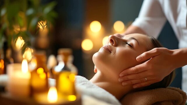 Professional spa therapist's hands performing facial massage on client's face with aromatic oils massage stones and essential oil bottles visible on treatment table luxury hotel - Powered by Adobe